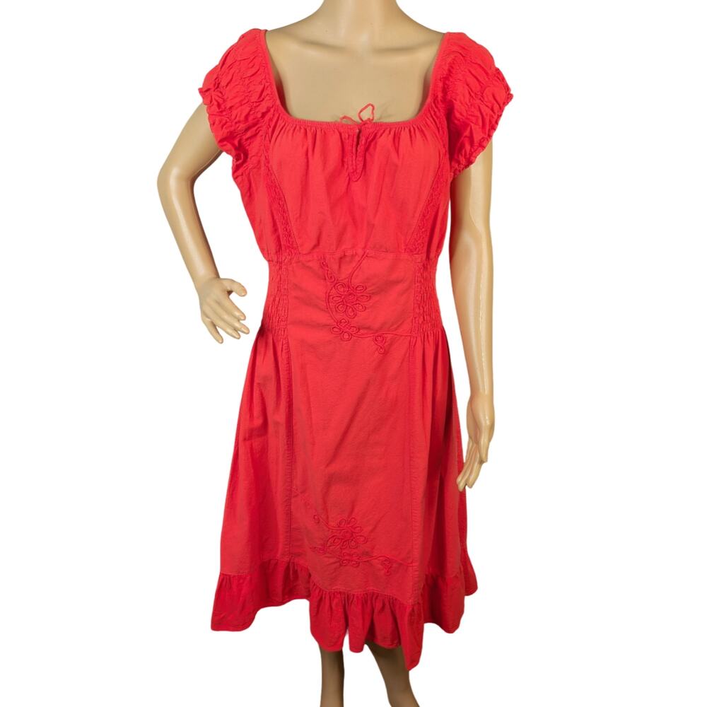 Vintage 90s Liz Coral Red Cotton Gauze Smocked Puff Sleeve Midi Dress L/XL